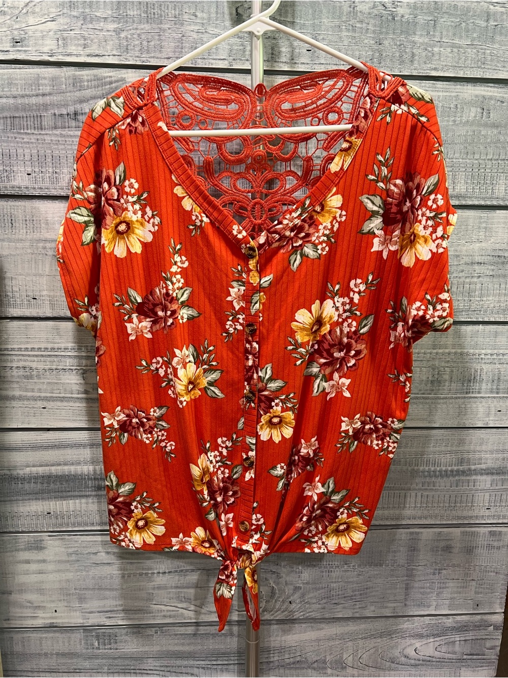 Bobbie Brooks Orange Floral Button-Front Tie Blouse with Lace Yoke